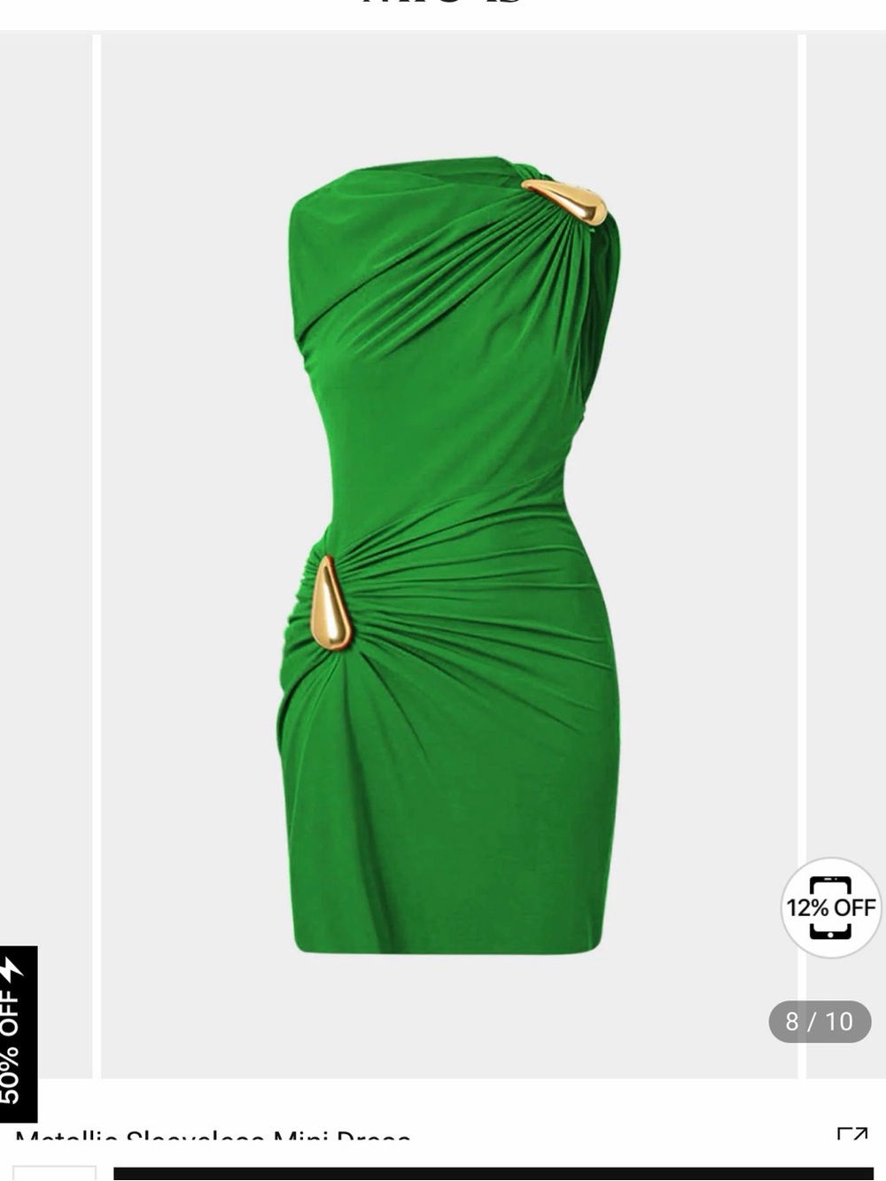 Sculpted Green One-Shoulder Mini Dress with Gold Teardrop Accents
